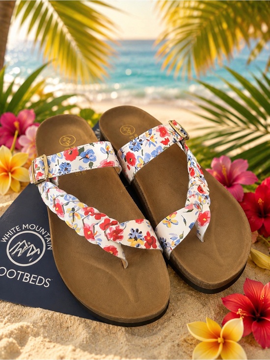White Mountain Shoes - White Mountain Happier Floral Leather Footbed Sandals Size 9 Comfort Slides NEW